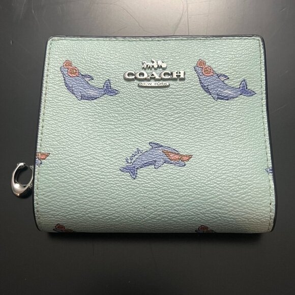 Coach CK436 Dolphin Print Snap Wallet Small Blue Multi Clutch NWOT - Picture 1 of 7